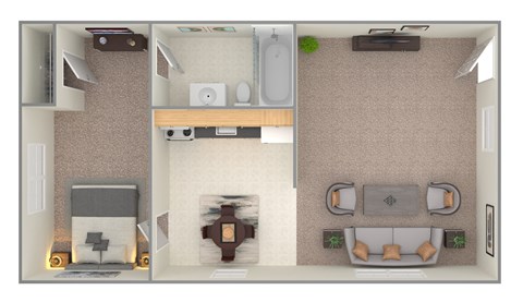Floor plan for 1 bed, 1 bath, 695 sqft